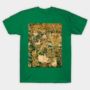 UNICORN AND WHITE GRYPHON, WILD ANIMALS, FANTASY FLOWERS Blue Green Gothic Floral T-Shirt